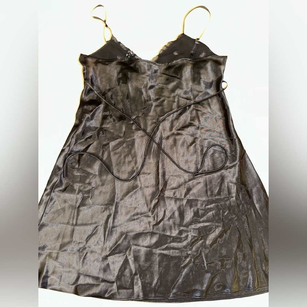 Adonna Women’s Slip Dress Medium Black Satin Pink Floral Lace Detail Adjustable - Picture 4 of 5